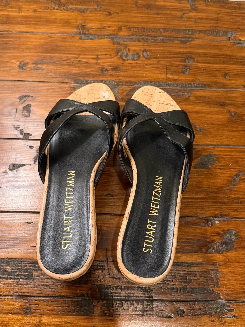 Stuart Weitzman Black Leather Cork Wedge Sandals